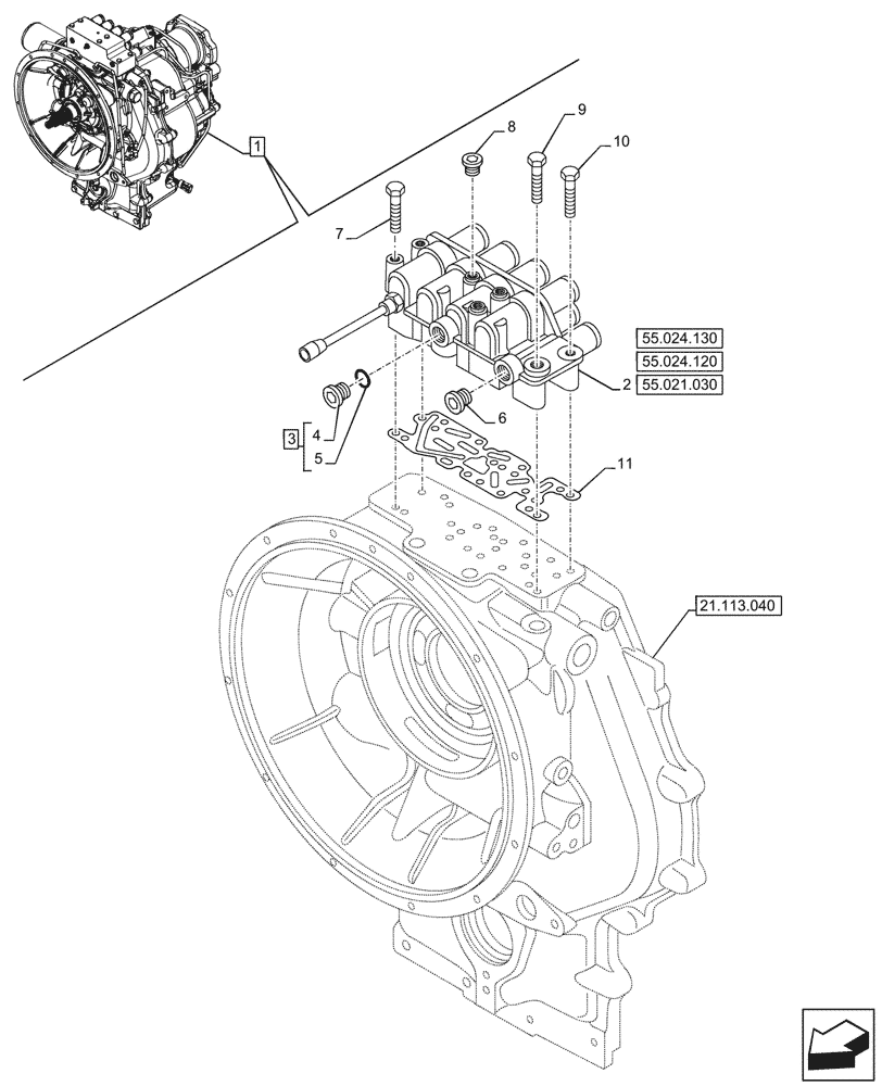 Схема запчастей Case 580SN - (55.024.110) - VAR - 423062 - TRANSMISSION, POWERSHIFT, COMPONENTS, CONTROL VALVE, 4WD (55) - ELECTRICAL SYSTEMS