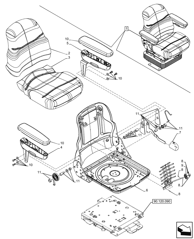 Схема запчастей Case 590SN - (90.120.080) - VAR - 747770 - SEAT, MECHANICAL SUSPENSION, CLOTH, CUSHION, ARMREST, COMPONENTS (90) - PLATFORM, CAB, BODYWORK AND DECALS