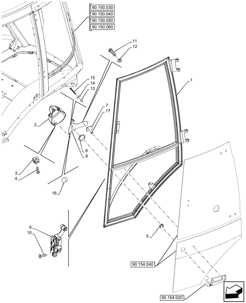 Схема запчастей Case 580SN - (90.154.010) - VAR - 747853, 747854, 747855 - CAB, LEFT, DOOR, LATCH, FRAME (90) - PLATFORM, CAB, BODYWORK AND DECALS