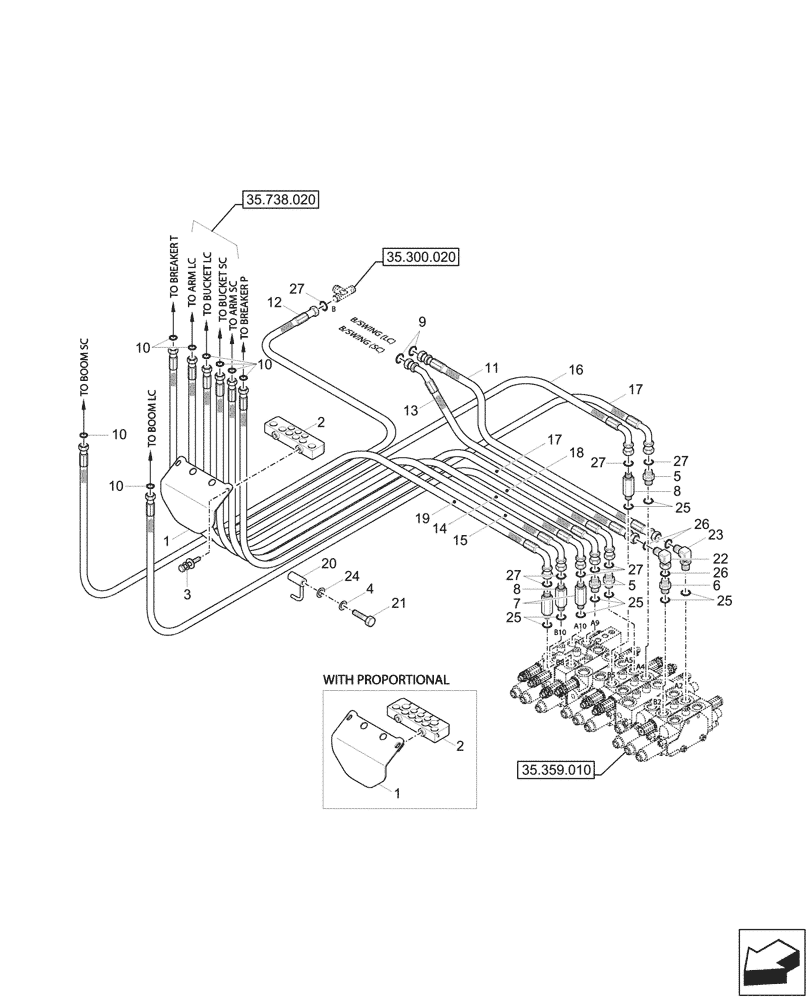 Схема запчастей Case CX26C - (35.359.040) - CONTROL VALVE, LINES (35) - HYDRAULIC SYSTEMS