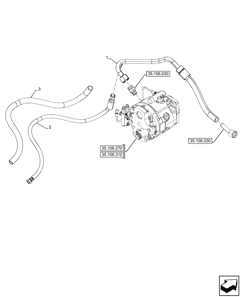 Схема запчастей Case 580SN - (35.106.090) - OIL PUMP, PILOT CONTROLS, HOSE (35) - HYDRAULIC SYSTEMS