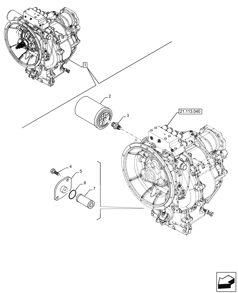 Схема запчастей Case 580SN WT - (21.105.020) - VAR - 423062 - TRANSMISSION, POWERSHIFT, COMPONENTS, OIL FILTER, 4WD (21) - TRANSMISSION