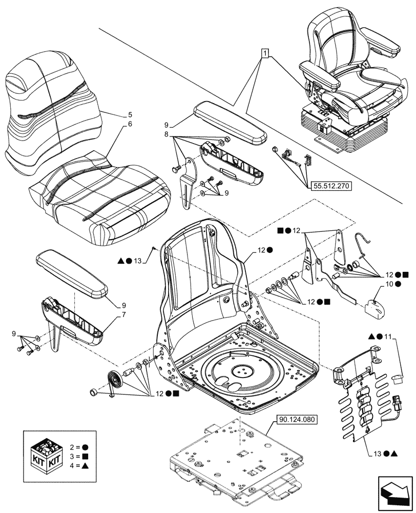 Схема запчастей Case 580SN - (90.124.070) - VAR - 745160 - SEAT AIR SUSPENSION, VINYL, CUSHION, ARMREST, COMPONENTS (90) - PLATFORM, CAB, BODYWORK AND DECALS