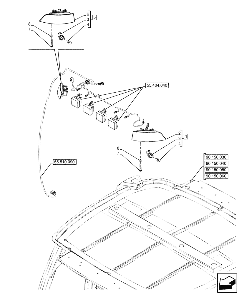 Схема запчастей Case 580SN - (55.404.060) - VAR - 747853, 747854, 747855 - CAB, FRONT, FLASHER LAMP (55) - ELECTRICAL SYSTEMS