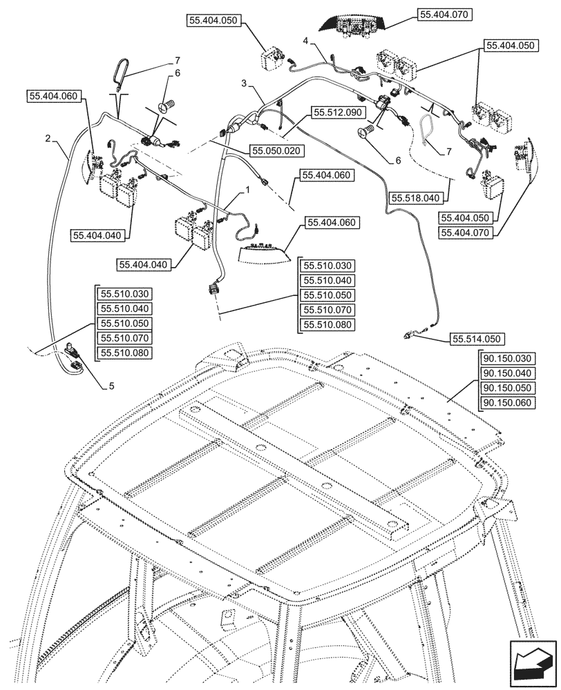 Схема запчастей Case 580SN WT - (55.510.090) - VAR - 747853, 747854, 747855 - CAB, ROOF, WIRE HARNESS (55) - ELECTRICAL SYSTEMS