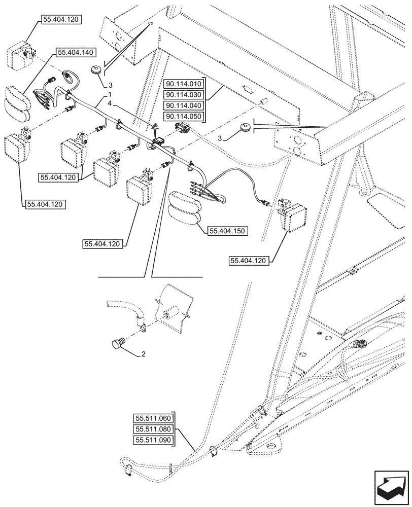 Схема запчастей Case 580N - (55.511.040) - VAR - 423000, 442082 - CANOPY, WORK LIGHT, REAR, HARNESS (55) - ELECTRICAL SYSTEMS