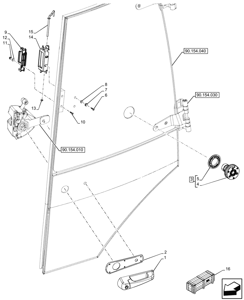 Схема запчастей Case 590SN - (90.154.020) - VAR - 747853, 747854, 747855 - CAB, LEFT, DOOR, LATCH, HANDLE (90) - PLATFORM, CAB, BODYWORK AND DECALS