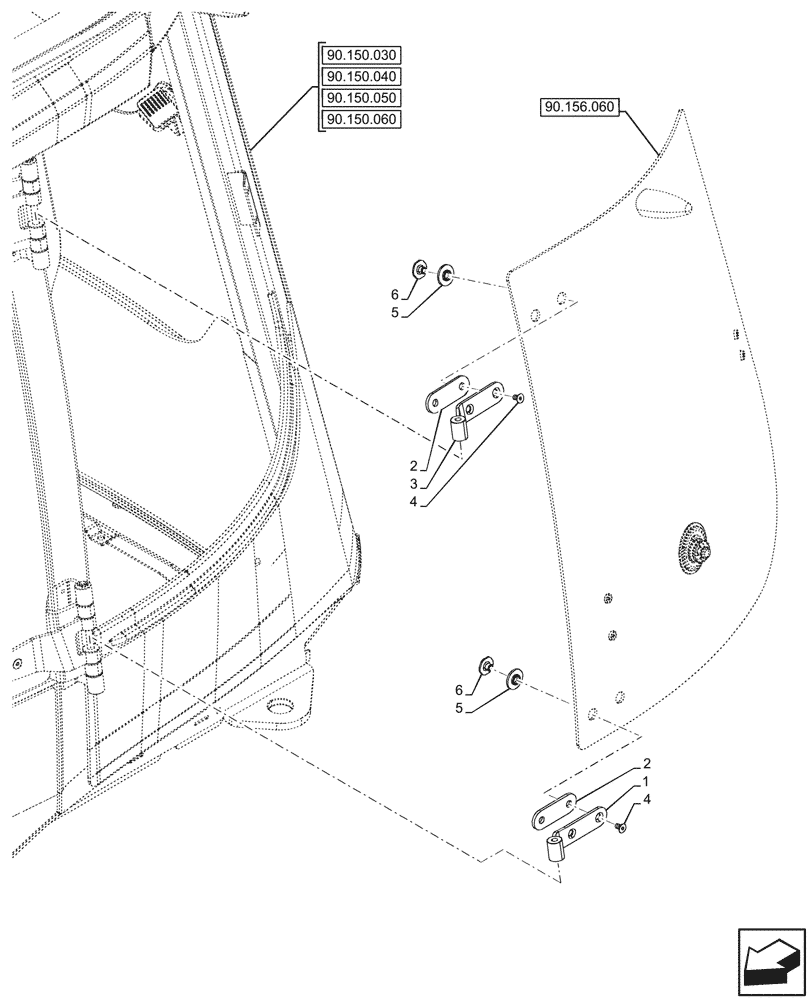 Схема запчастей Case 580SN WT - (90.156.070) - VAR - 747853, 747854, 747855 - CAB, LEFT, LATERAL WINDOW, HINGE (90) - PLATFORM, CAB, BODYWORK AND DECALS