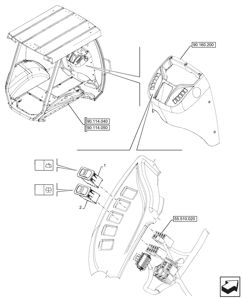 Схема запчастей Case 580SN WT - (55.518.090) - VAR - 423000 - DELUXE CANOPY, WINDSHIELD WIPER, SWITCH (55) - ELECTRICAL SYSTEMS