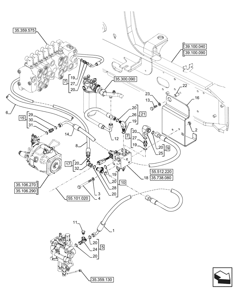 Схема запчастей Case 590SN - (35.738.070) - HYDRAULIC LIFT, W/ MECHANICAL LIFT, VALVE, LINES (35) - HYDRAULIC SYSTEMS