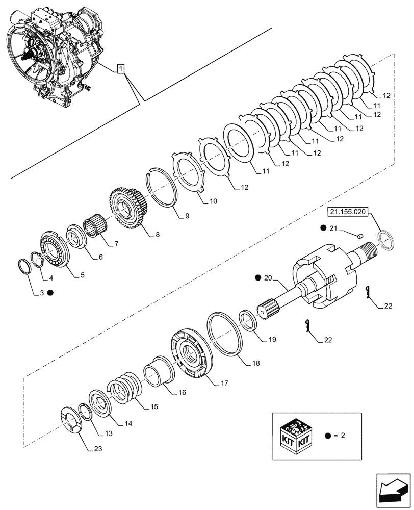 Схема запчастей Case 590SN - (21.155.010) - VAR - 423062 - TRANSMISSION, POWERSHIFT, COMPONENTS, DRIVEN SHAFT, 4WD (21) - TRANSMISSION