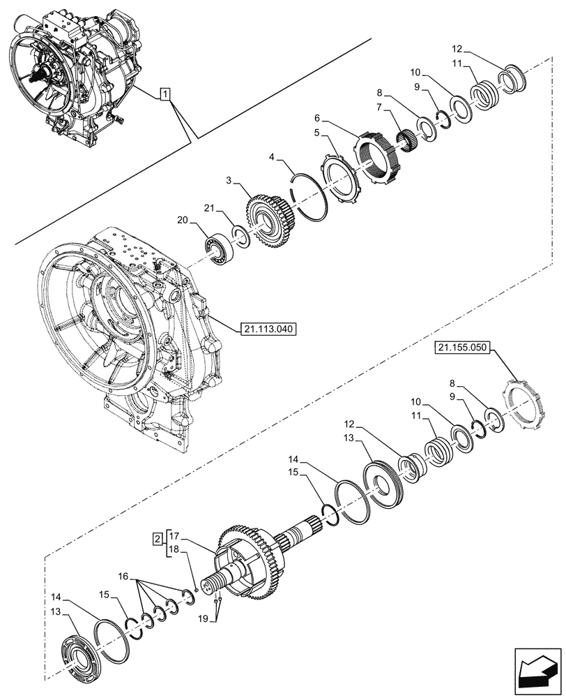 Схема запчастей Case 590SN - (21.155.040) - VAR - 423062 - TRANSMISSION, POWERSHIFT, COMPONENTS, DRIVE SHAFT, 4WD (21) - TRANSMISSION