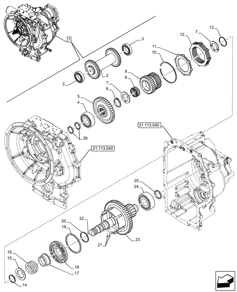 Схема запчастей Case 590SN - (21.155.030) - VAR - 423062 - TRANSMISSION, POWERSHIFT, COMPONENTS, DRIVE SHAFT, 4WD (21) - TRANSMISSION