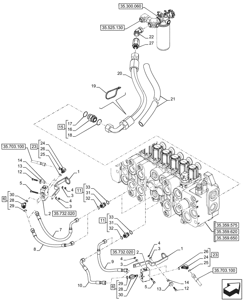 Схема запчастей Case 590SN - (35.732.010) - STABILIZER, CONTROLS, PILOT CONTROLS, LINES (35) - HYDRAULIC SYSTEMS