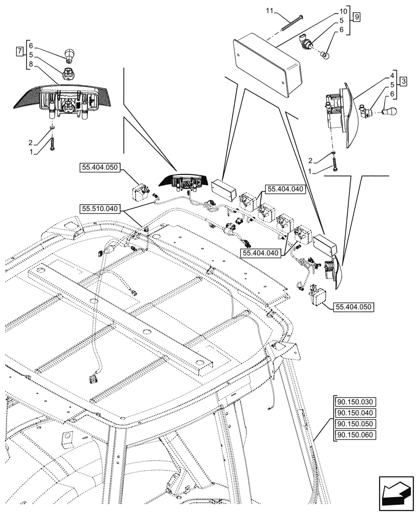 Схема запчастей Case 590SN - (55.404.070) - VAR - 747853, 747854, 747855 - CAB, REAR, FLASHER LAMP (55) - ELECTRICAL SYSTEMS