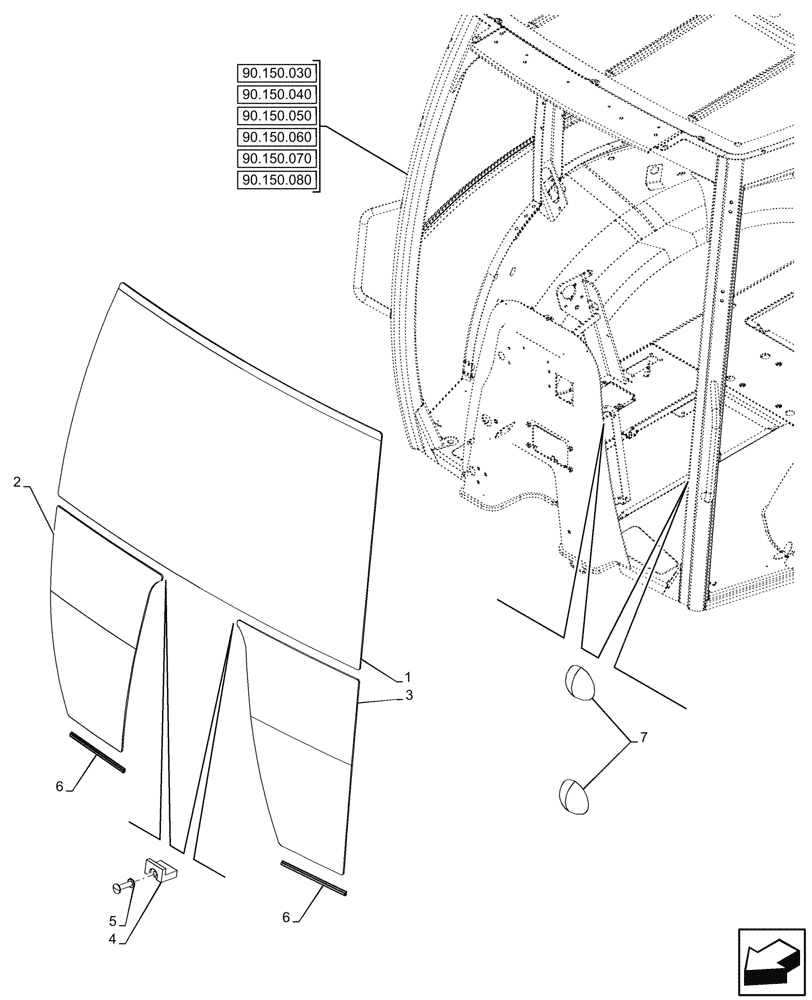 Схема запчастей Case 580SN - (90.156.120) - VAR - 747853, 747854, 747855 - CAB, WINDSHIELD (90) - PLATFORM, CAB, BODYWORK AND DECALS