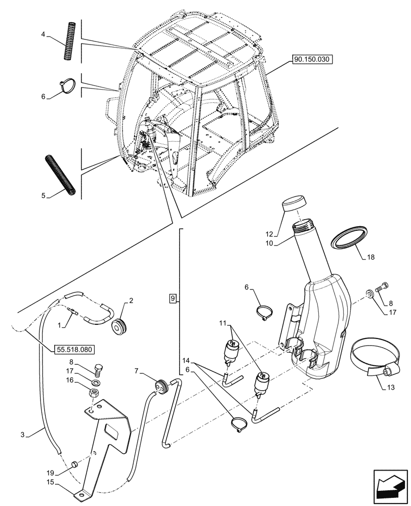 Схема запчастей Case 580SN - (55.518.100) - VAR - 747853, 747854, 747855 - CAB, WINDSHIELD WASHER , RESERVOIR (55) - ELECTRICAL SYSTEMS