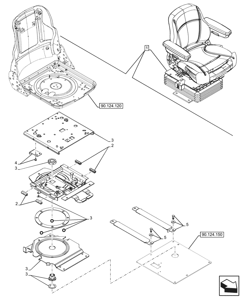 Схема запчастей Case 580SN - (90.124.130) - VAR - 745161 - SEAT AIR SUSPENSION, CLOTH, SWIVEL PIVOT, COMPONENTS (90) - PLATFORM, CAB, BODYWORK AND DECALS