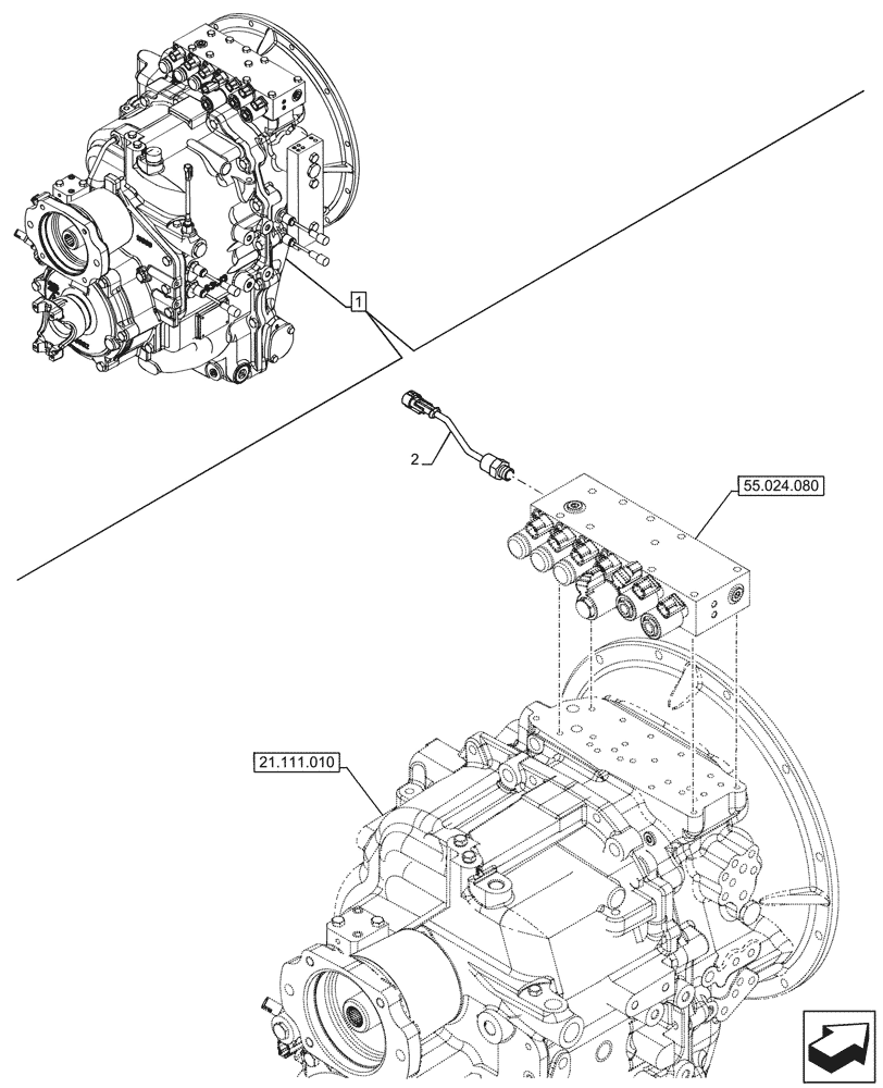 Схема запчастей Case 590SN - (55.021.010) - VAR - 423060 - TRANSMISSION, SEMI-POWERSHIFT, COMPONENTS, PRESSURE SENSOR, 2WD (55) - ELECTRICAL SYSTEMS