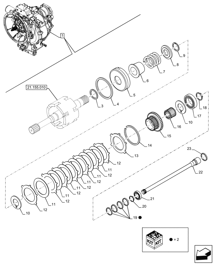 Схема запчастей Case 580SN WT - (21.155.020) - VAR - 423062 - TRANSMISSION, POWERSHIFT, COMPONENTS, DRIVEN SHAFT, 4WD (21) - TRANSMISSION