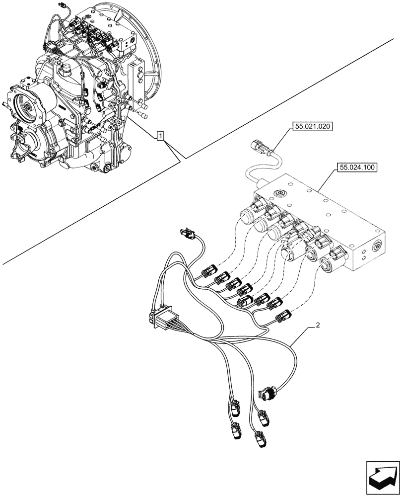 Схема запчастей Case 590SN - (55.024.060) - VAR - 423061 - TRANSMISSION, SEMI-POWERSHIFT, COMPONENTS, CONTROL VALVE, WIRE HARNESS, 4WD (55) - ELECTRICAL SYSTEMS