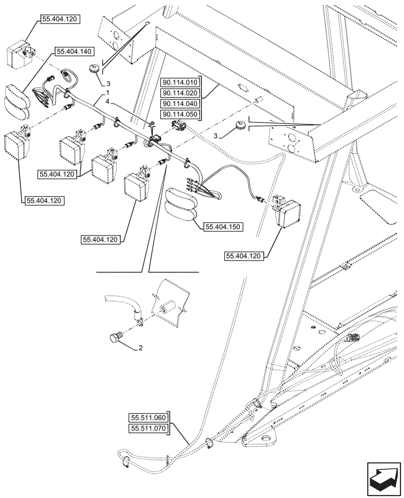 Схема запчастей Case 580SN - (55.511.040) - VAR - 423000, 442082 - CANOPY, WORK LIGHT, REAR, HARNESS (55) - ELECTRICAL SYSTEMS