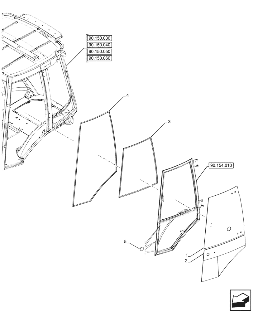 Схема запчастей Case 590SN - (90.154.040) - VAR - 747853, 747854, 747855 - CAB, LEFT, DOOR, WEATHERSTRIP, GLASS (90) - PLATFORM, CAB, BODYWORK AND DECALS