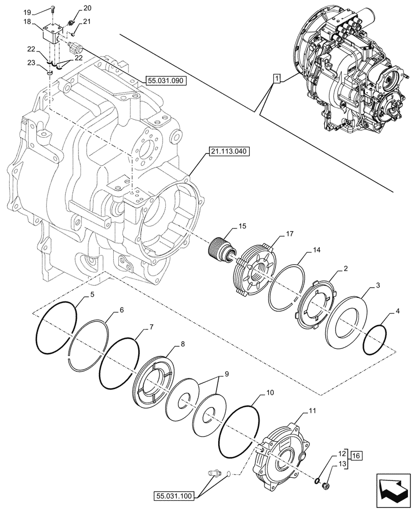 Схема запчастей Case 580SN - (33.110.050) - VAR - 423062 - TRANSMISSION, POWERSHIFT, COMPONENTS, PARKING BRAKE, DISC, 4WD (33) - BRAKES & CONTROLS