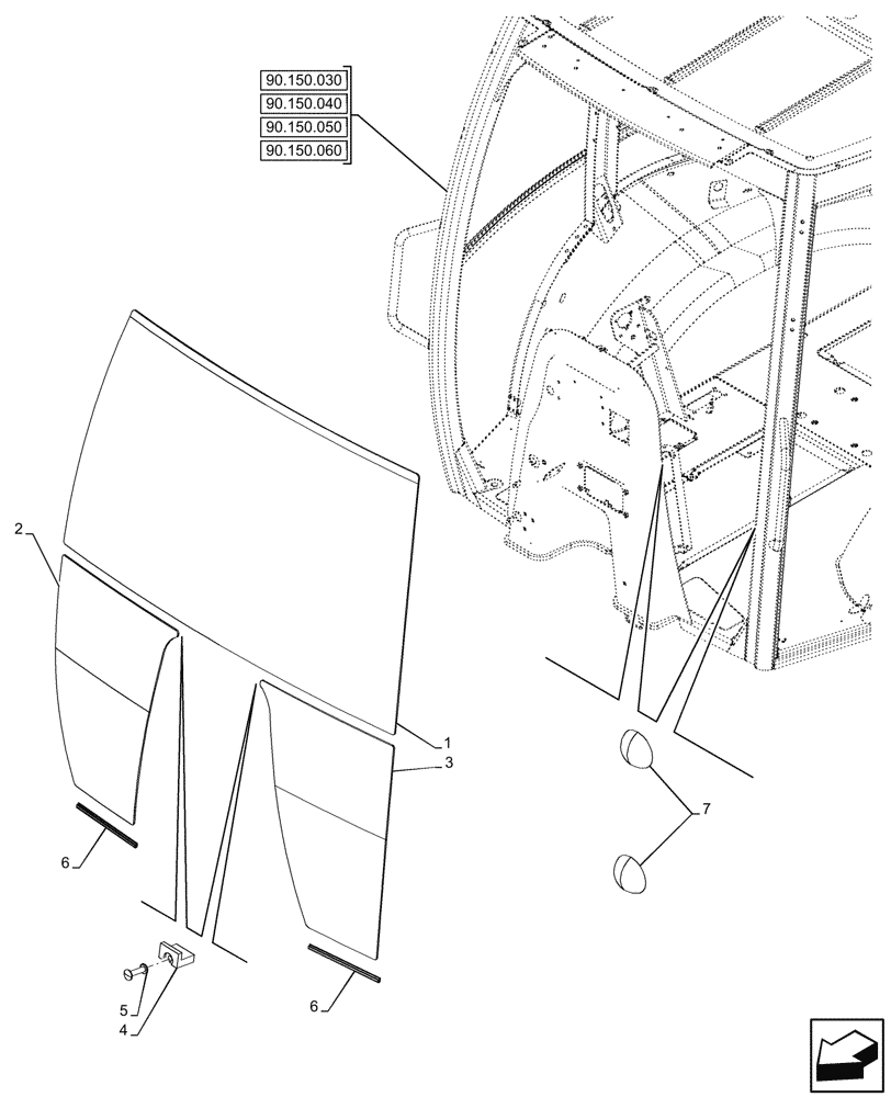 Схема запчастей Case 580SN - (90.156.120) - VAR - 747853, 747854, 747855 - CAB, WINDSHIELD (90) - PLATFORM, CAB, BODYWORK AND DECALS