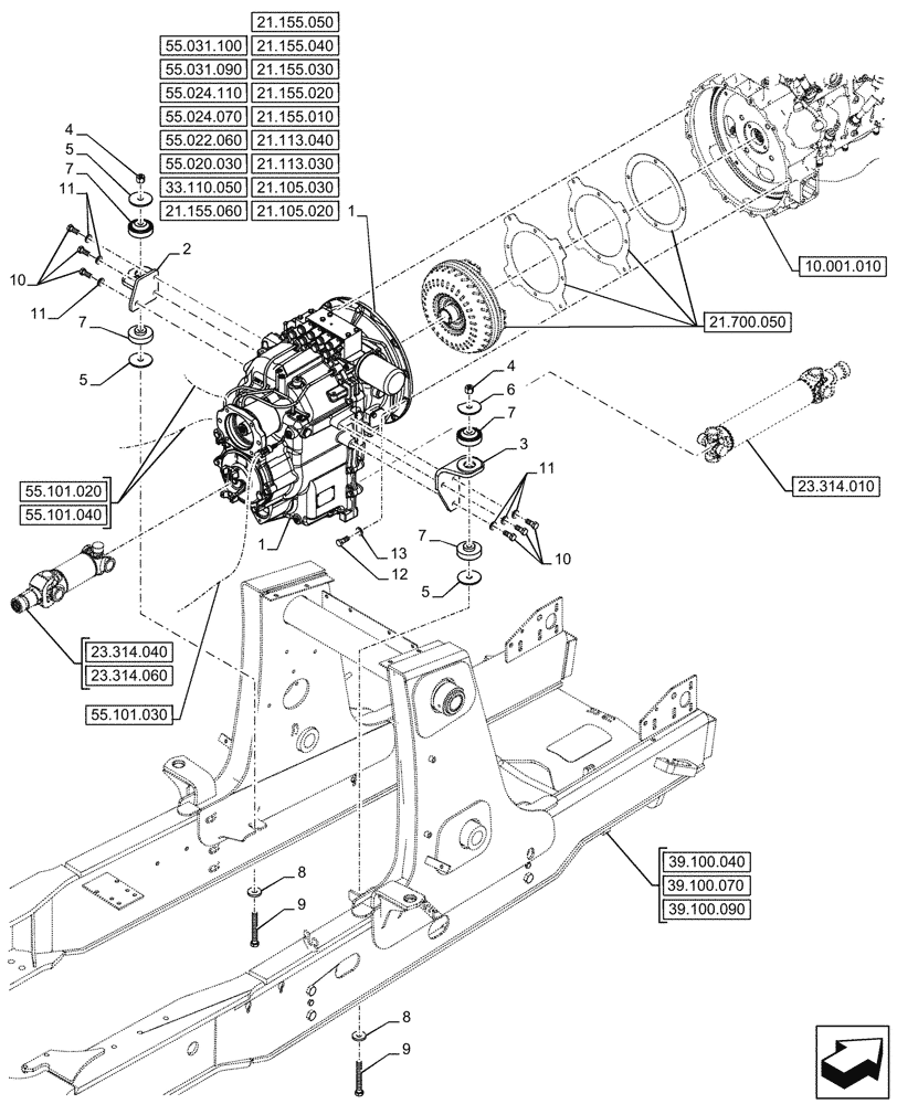 Схема запчастей Case 580SN WT - (21.113.010) - VAR - 423062 - TRANSMISSION, POWERSHIFT, 4WD (21) - TRANSMISSION