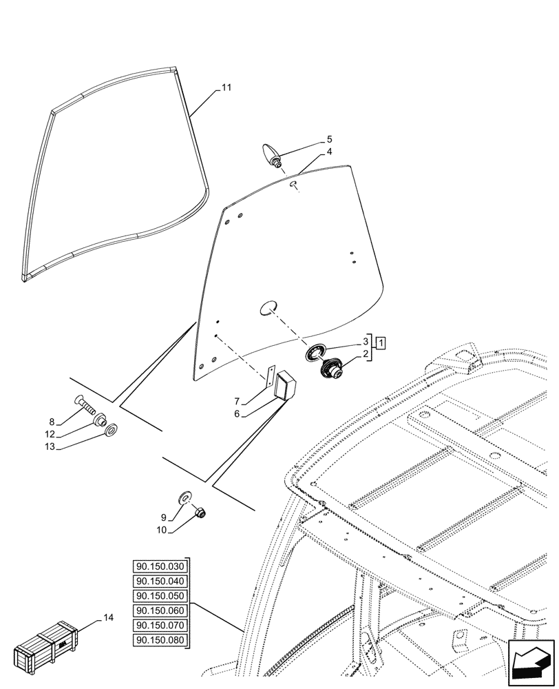 Схема запчастей Case 580SN - (90.156.090) - VAR - 747853, 747854, 747855 - CAB, RIGHT, LATERAL WINDOW, HANDLE, WEATHERSTRIP, GLASS (90) - PLATFORM, CAB, BODYWORK AND DECALS