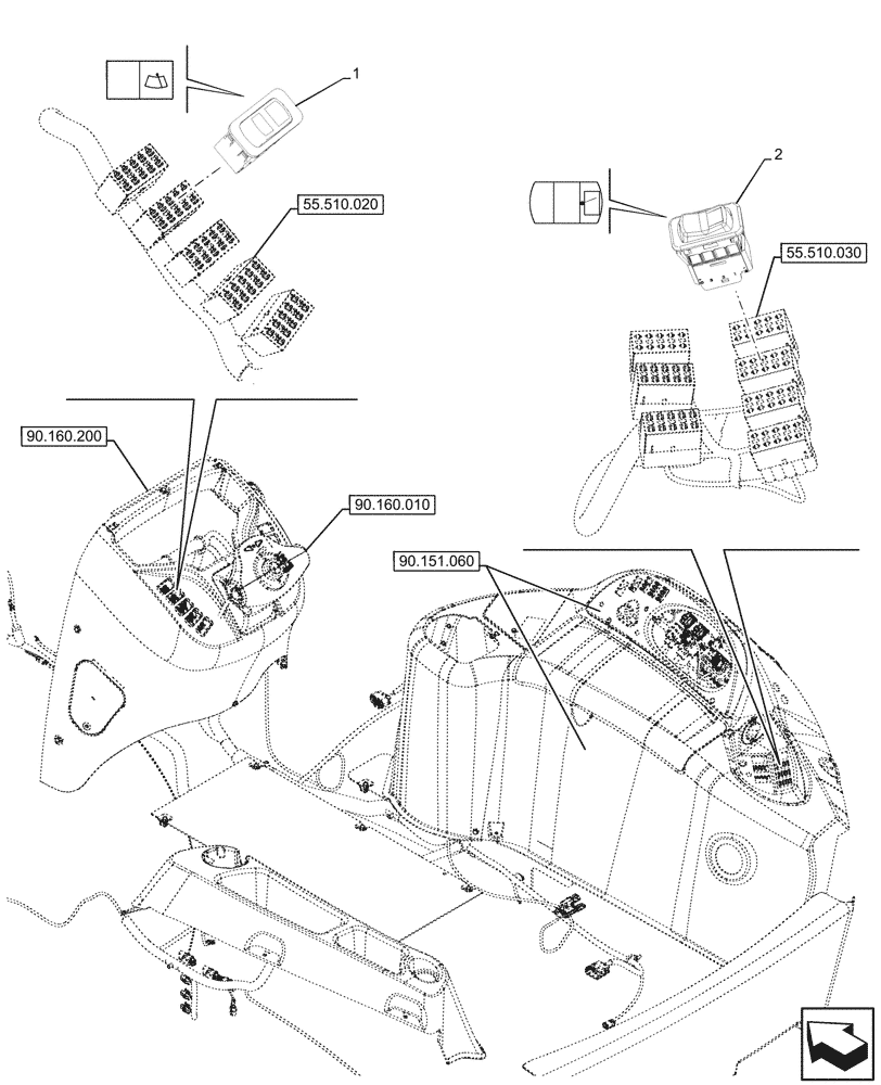 Схема запчастей Case 580N - (55.518.070) - VAR - 747853, 747854, 747855 - CAB, WINDSHIELD WIPER, REAR, WINDOW, WIPER, SWITCH (55) - ELECTRICAL SYSTEMS