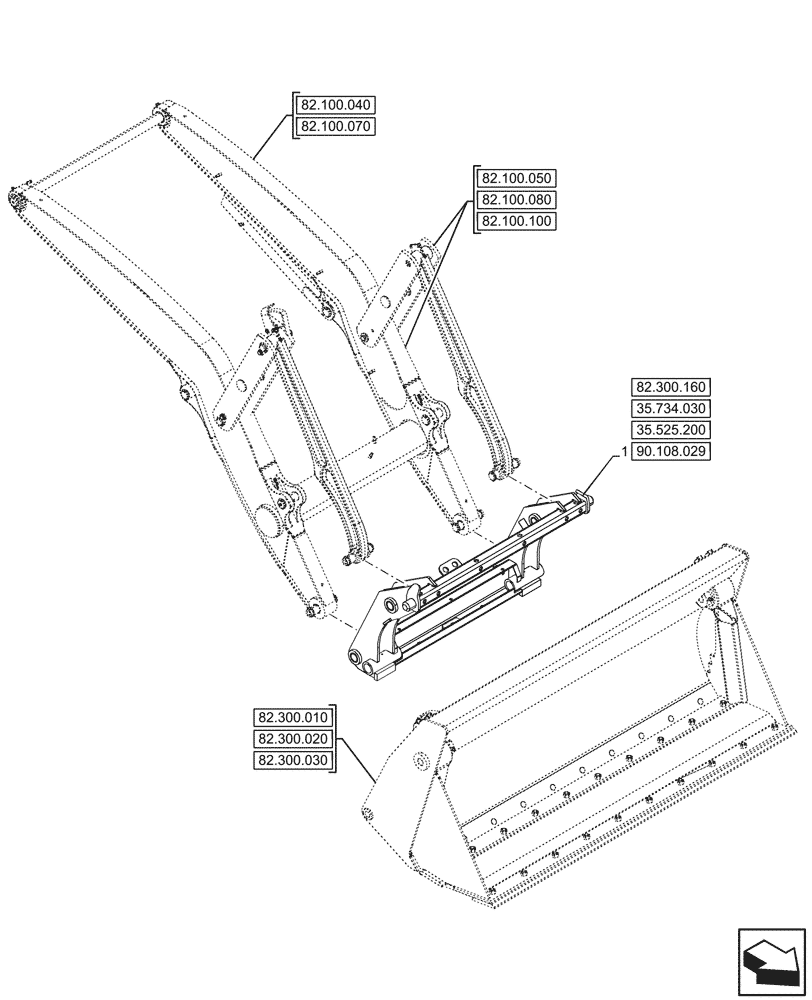 Схема запчастей Case 590SN - (82.300.150) - VAR - 423049 - BUCKET, QUICK COUPLER, MOUNTING (82) - FRONT LOADER & BUCKET