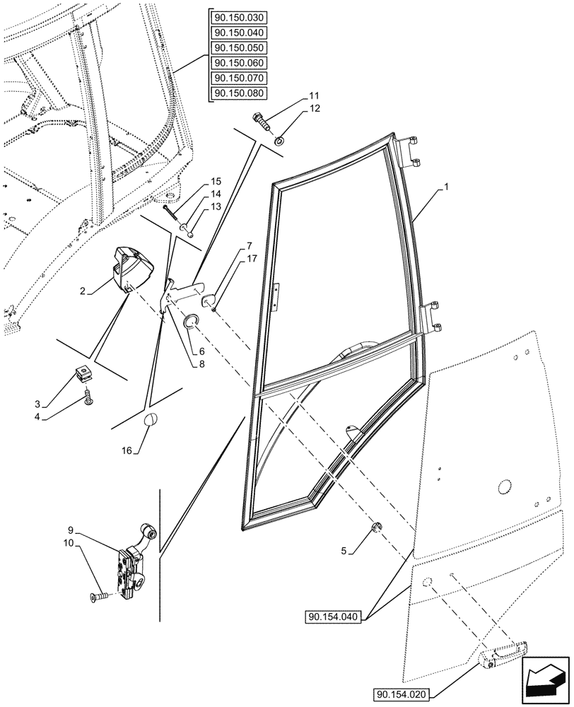 Схема запчастей Case 590SN - (90.154.010) - VAR - 747853, 747854, 747855 - CAB, LEFT, DOOR, LATCH, FRAME (90) - PLATFORM, CAB, BODYWORK AND DECALS