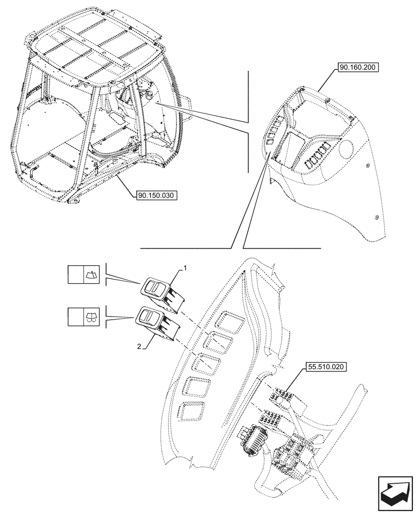 Схема запчастей Case 580SN - (55.518.080) - VAR - 747853, 747854, 747855 - CAB, WINDSHIELD WIPER, WINDSHIELD WASHER , SWITCH (55) - ELECTRICAL SYSTEMS