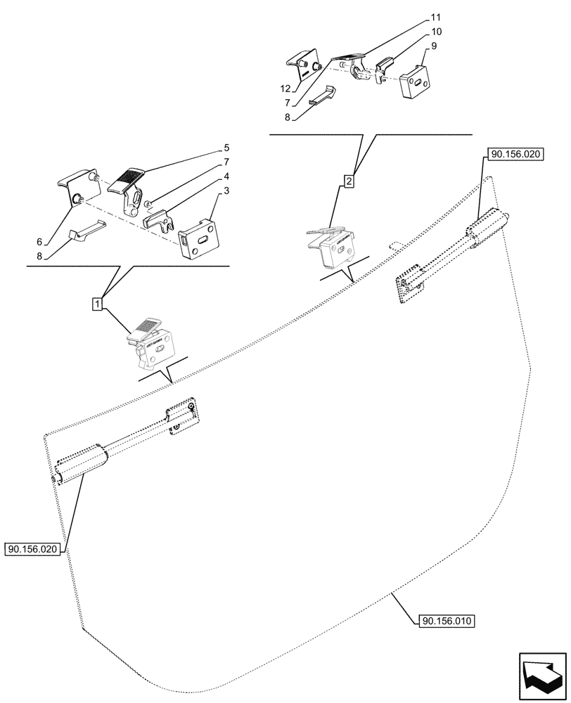 Схема запчастей Case 580SN - (90.156.030) - VAR - 747853, 747854, 747855 - CAB, REAR, WINDOW, UPPER, LATCH (90) - PLATFORM, CAB, BODYWORK AND DECALS