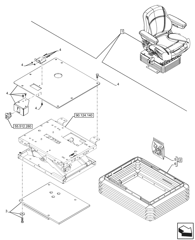Схема запчастей Case 590SN - (90.124.150) - VAR - 745161 - SEAT AIR SUSPENSION, CLOTH, BELLOWS, PEDESTAL, COMPONENTS (90) - PLATFORM, CAB, BODYWORK AND DECALS