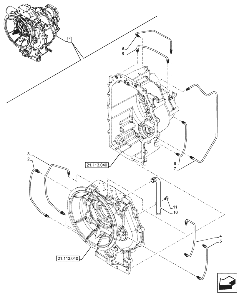 Схема запчастей Case 580SN - (21.105.030) - VAR - 423062 - TRANSMISSION, POWERSHIFT, COMPONENTS, OIL LINE, INTERNAL, 4WD (21) - TRANSMISSION