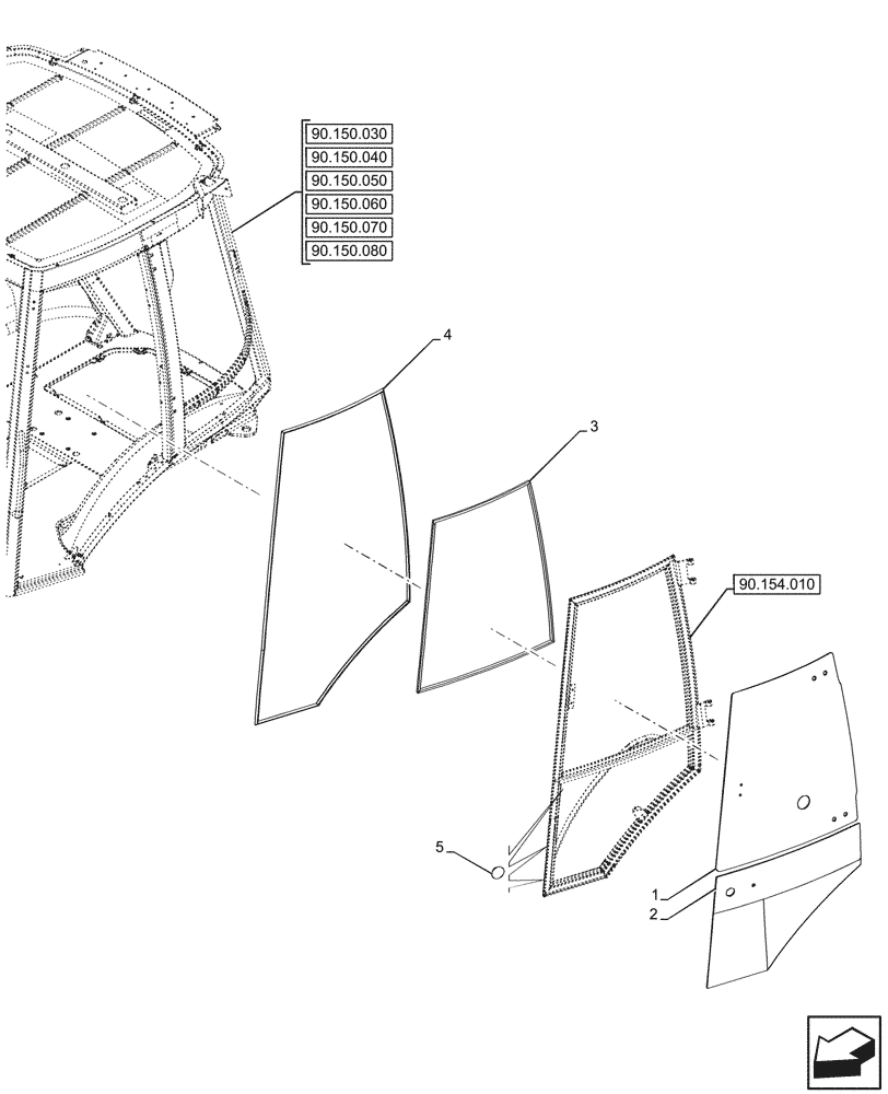 Схема запчастей Case 580SN - (90.154.040) - VAR - 747853, 747854, 747855 - CAB, LEFT, DOOR, WEATHERSTRIP, GLASS (90) - PLATFORM, CAB, BODYWORK AND DECALS