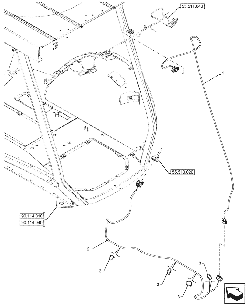 Схема запчастей Case 590SN - (55.511.060) - VAR - 423000, 442082 - CANOPY, WORK LIGHT, C-POST, HARNESS (55) - ELECTRICAL SYSTEMS