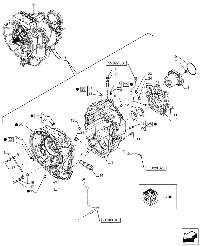 Схема запчастей Case 590SN - (21.111.080) - VAR - 423061 - TRANSMISSION, SEMI-POWERSHIFT, COMPONENTS, HOUSING, 4WD (21) - TRANSMISSION