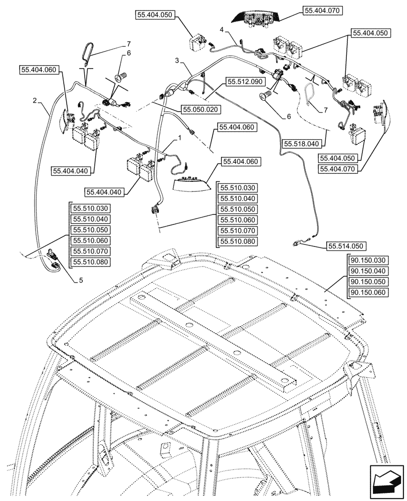 Схема запчастей Case 590SN - (55.510.090) - VAR - 747853, 747854, 747855 - CAB, ROOF, WIRE HARNESS (55) - ELECTRICAL SYSTEMS