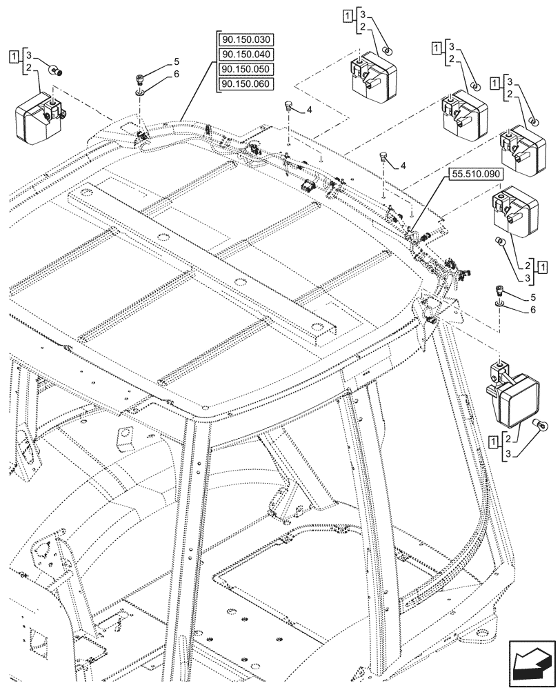 Схема запчастей Case 590SN - (55.404.050) - VAR - 747853, 747854, 747855 - CAB, REAR, WORK LIGHT (55) - ELECTRICAL SYSTEMS