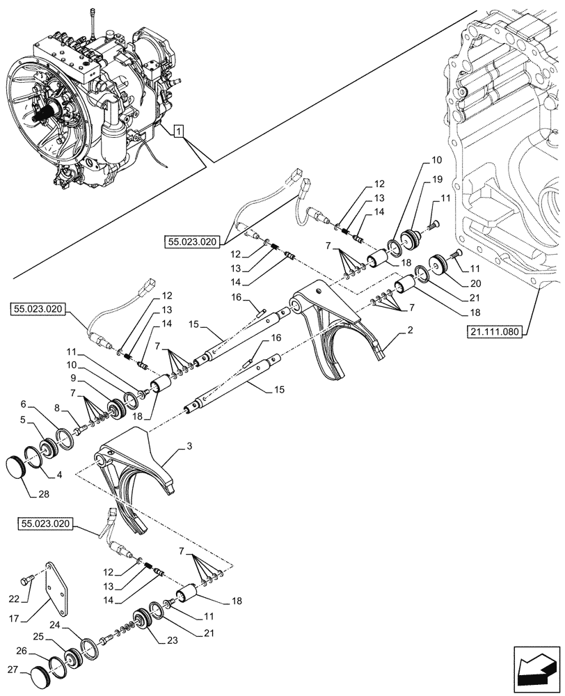 Схема запчастей Case 590SN - (21.152.100) - VAR - 423061 - TRANSMISSION, SEMI-POWERSHIFT, COMPONENTS, TRANSMISSION CONTROL, FORK, 4WD (21) - TRANSMISSION