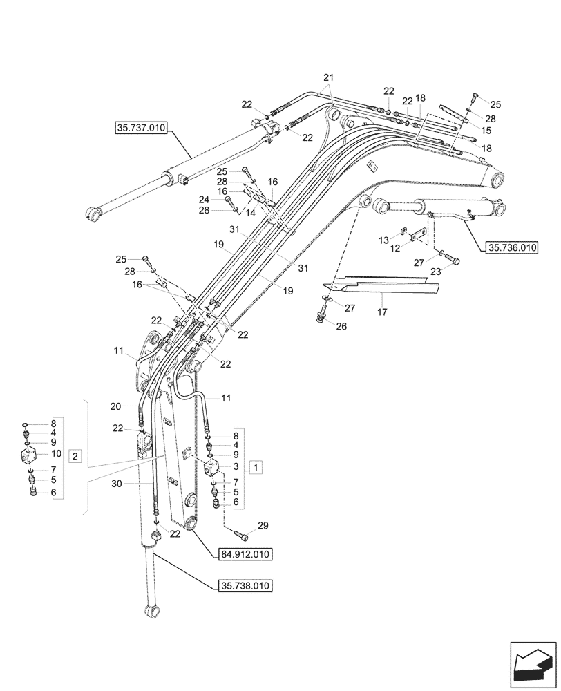 Схема запчастей Case CX26C - (35.738.020) - DIPPER & BUCKET SECTION, LINES (35) - HYDRAULIC SYSTEMS