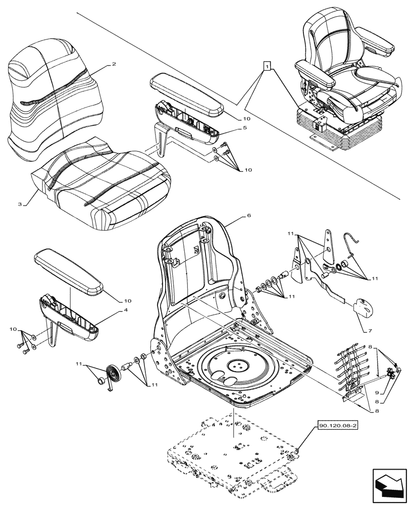 Схема запчастей Case 580SN - (90.124.020) - VAR - 747897 - SEAT AIR SUSPENSION, CLOTH, CUSHION, ARMREST, COMPONENTS (90) - PLATFORM, CAB, BODYWORK AND DECALS