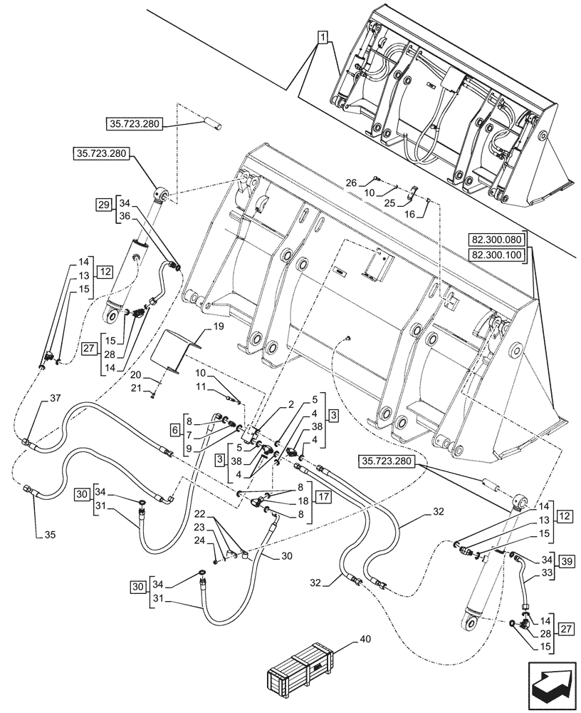 Схема запчастей Case 590SN - (35.723.270) - VAR - 742433 - LOADER BUCKET, CYLINDER, LINES (35) - HYDRAULIC SYSTEMS