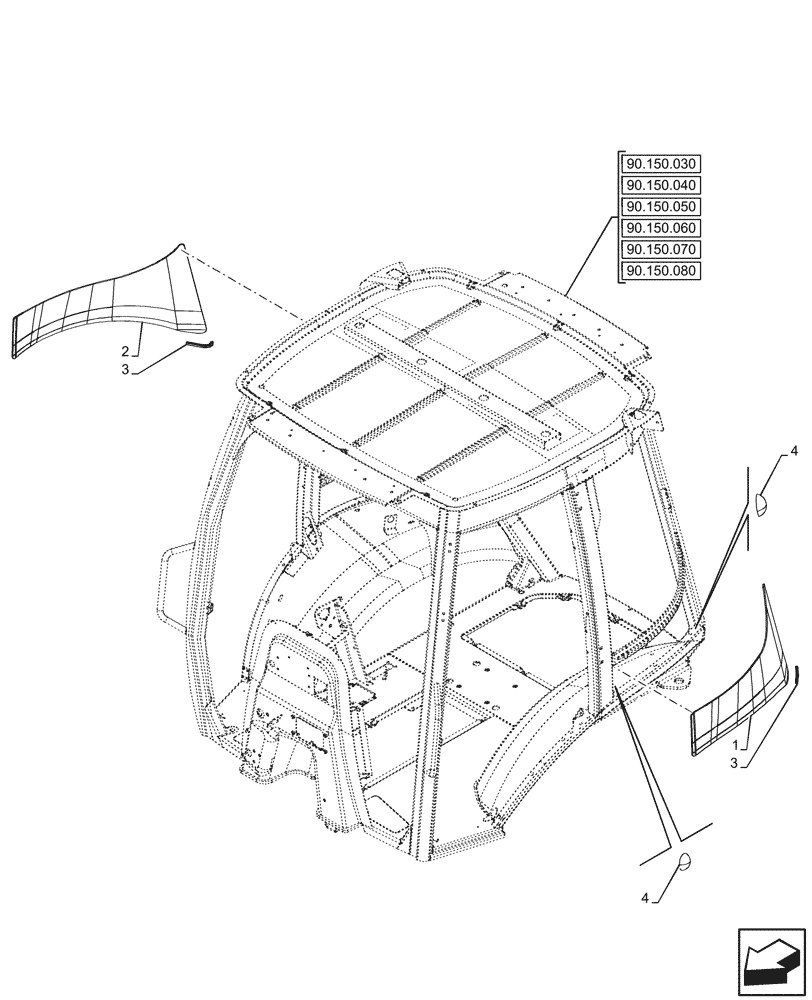 Схема запчастей Case 590SN - (90.156.130) - VAR - 747853, 747854, 747855 - CAB, LOWER, LATERAL WINDOW (90) - PLATFORM, CAB, BODYWORK AND DECALS