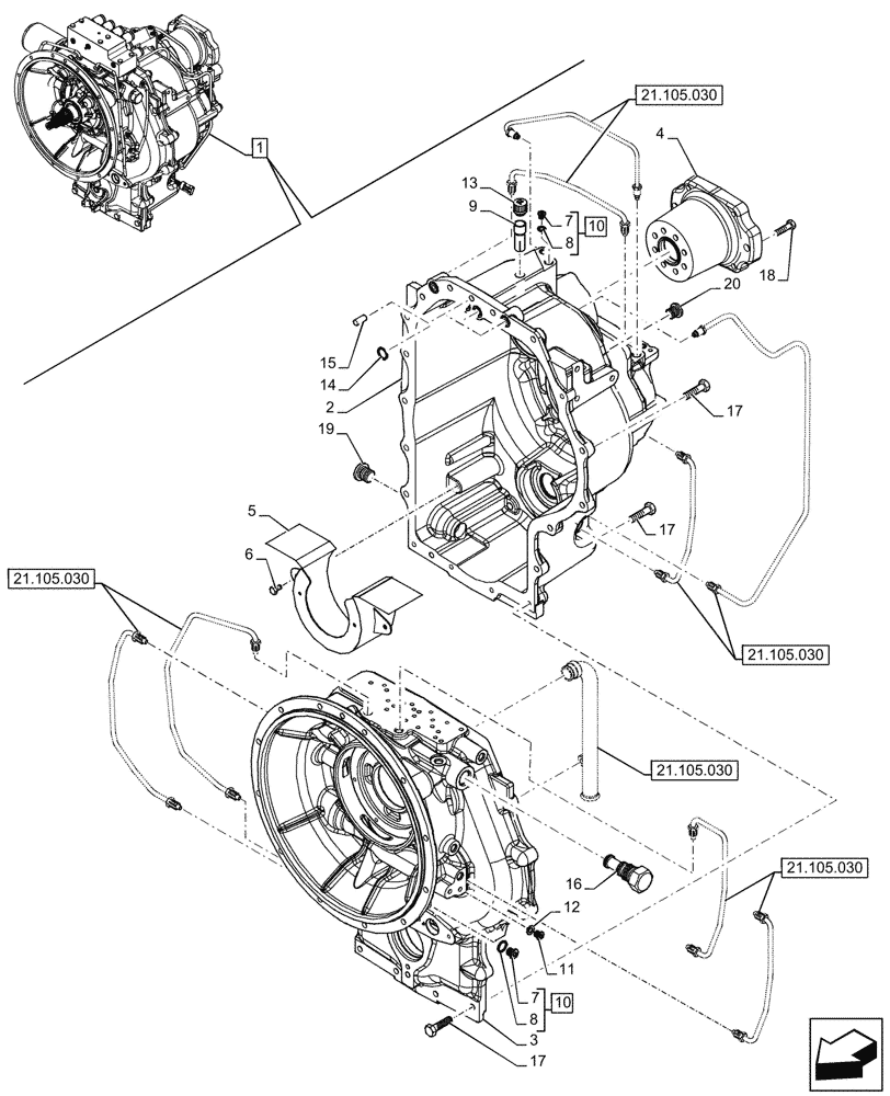 Схема запчастей Case 580SN - (21.113.040) - VAR - 423062 - TRANSMISSION, POWERSHIFT, COMPONENTS, HOUSING, 4WD (21) - TRANSMISSION