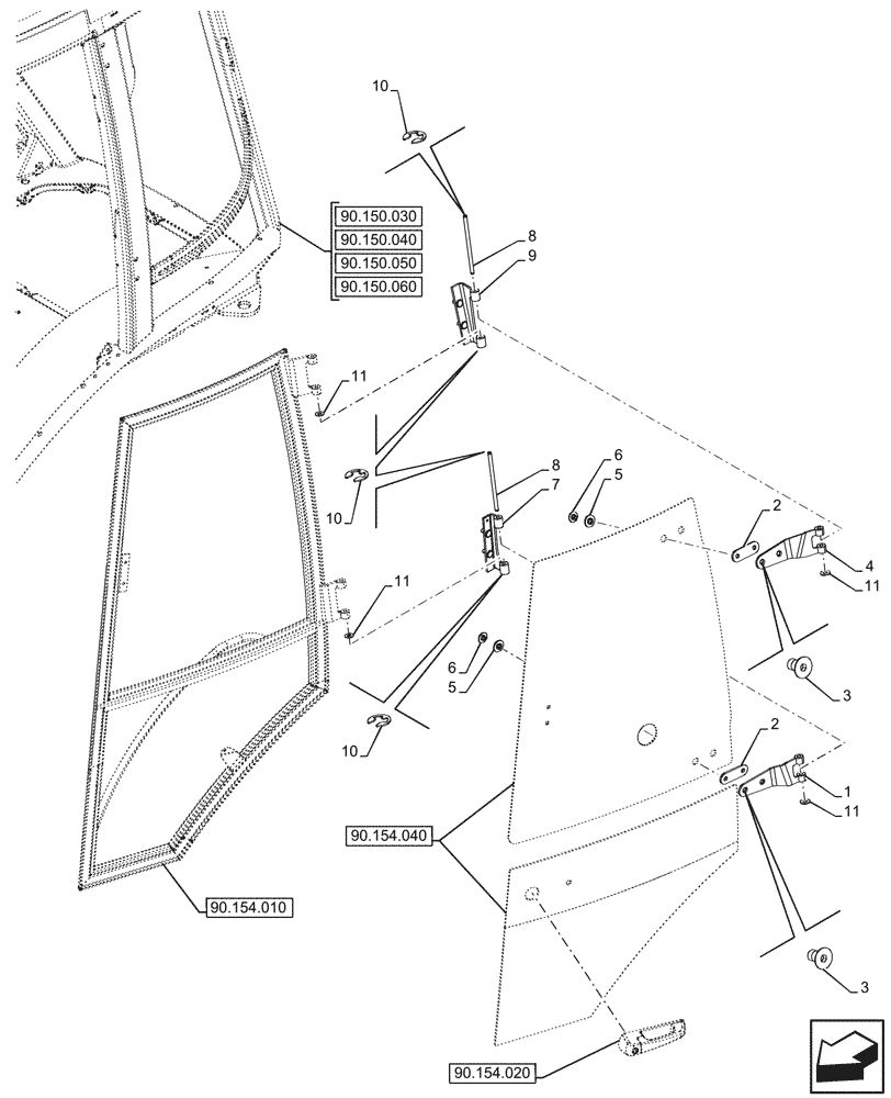 Схема запчастей Case 580SN - (90.154.030) - VAR - 747853, 747854, 747855 - CAB, LEFT, DOOR, HINGE (90) - PLATFORM, CAB, BODYWORK AND DECALS